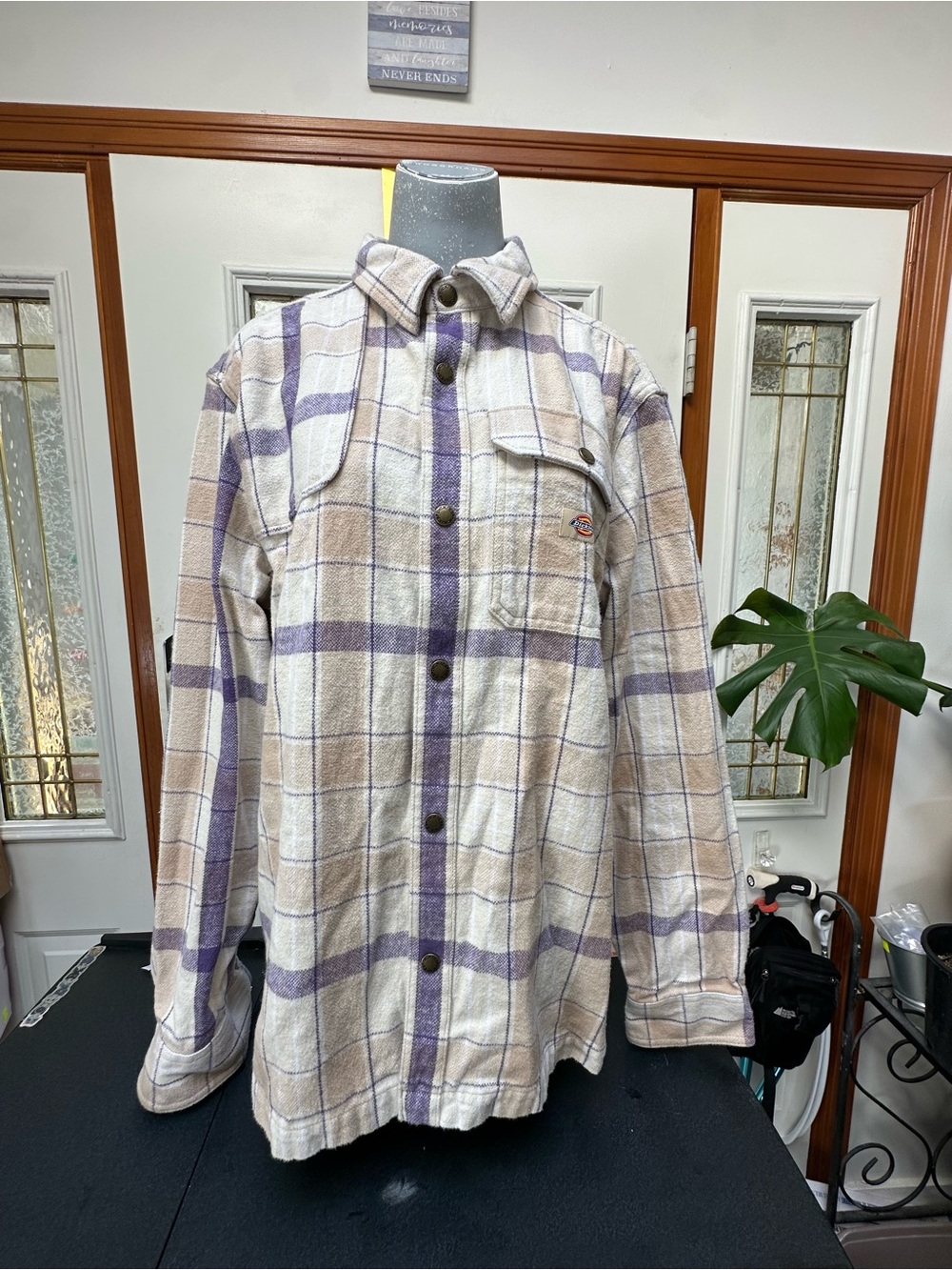 Plaid Button-Up Flannel Shacket in Cream, Beige & Lavender